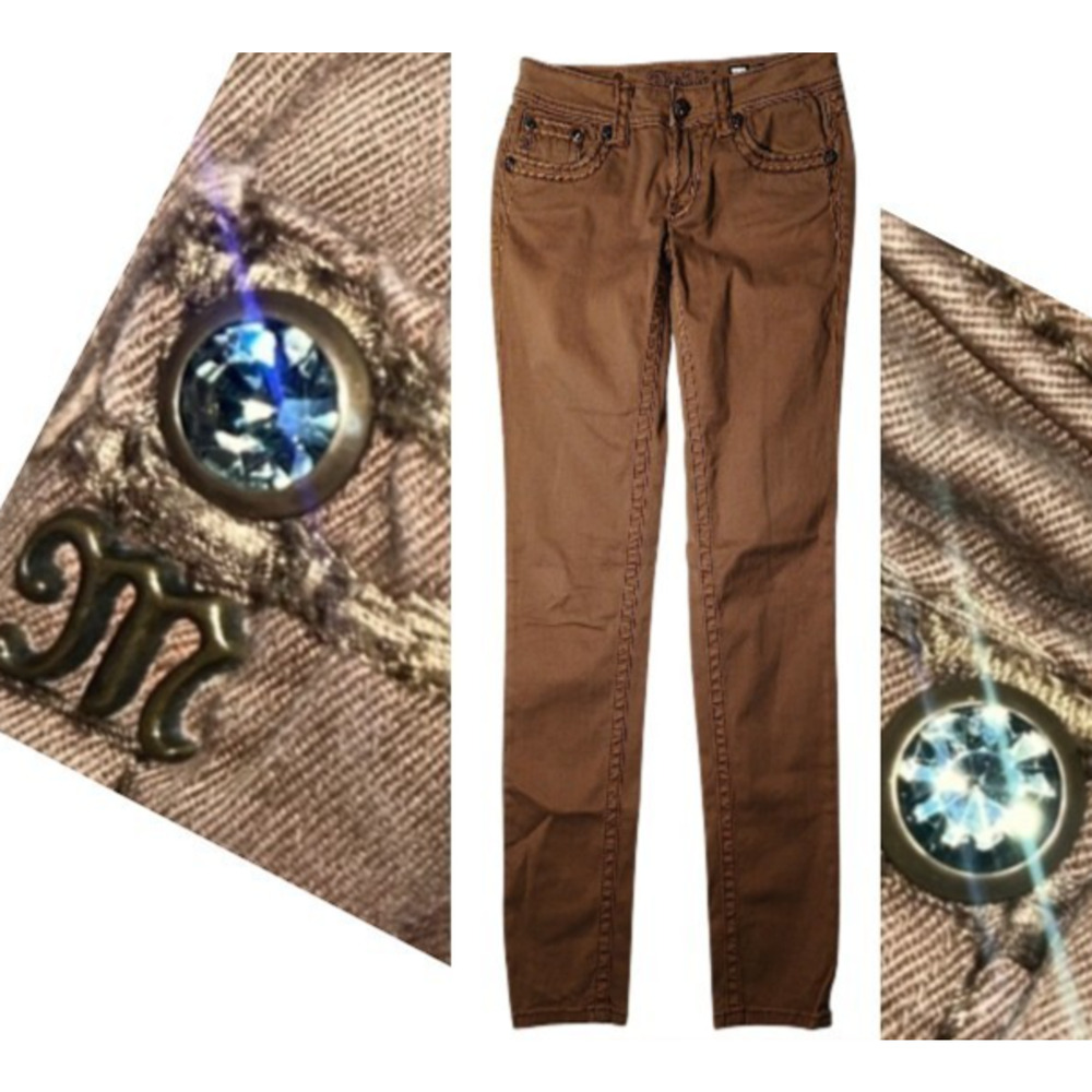 Rare Miss Me‎ Jeans Sz 28 Golden Brown Swarovski Gray Crystal Cotton Vintage Y2K